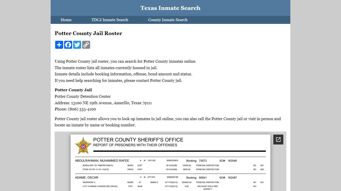 Potter County Jail Roster - Texas Inmate Search